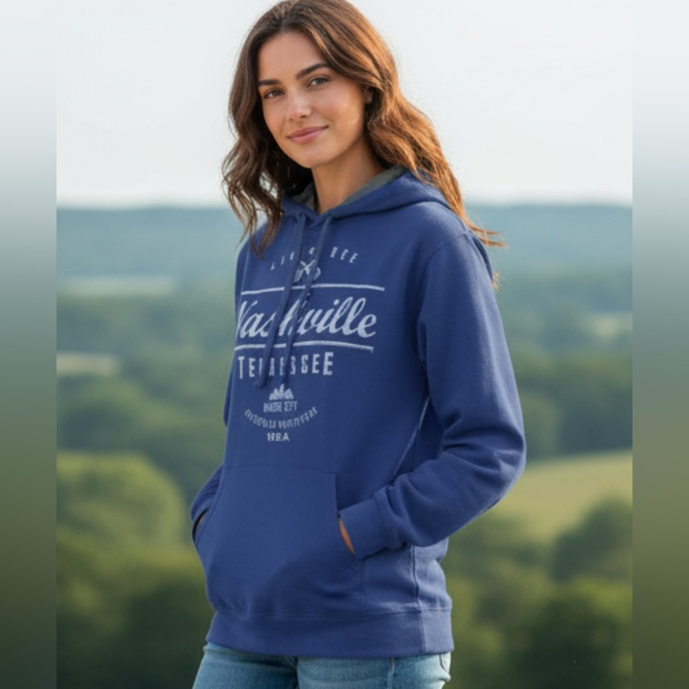 Nashville, Guitar Country, Music City, Blue Hoodie with‎ Pockets Size Medium